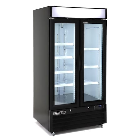 Maxx Cold Double Glass Door Narrow Width Merchandise Refrigerator, Swing Style Door, 39.5 in.W, 36 cu. ft., Black MXM2-36RBHC